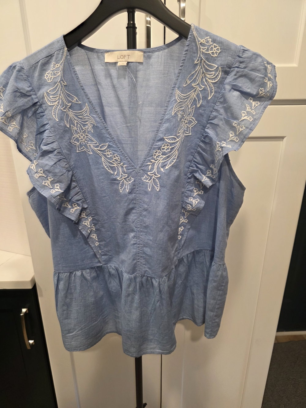 LOFT Blue Embroidered Ruffle V-Neck Women's Top